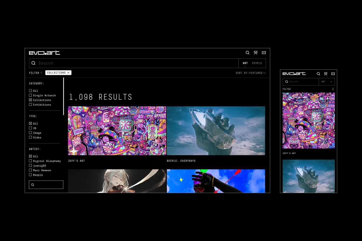 Desktop and mobile EvoArt search results interfaces on a black background