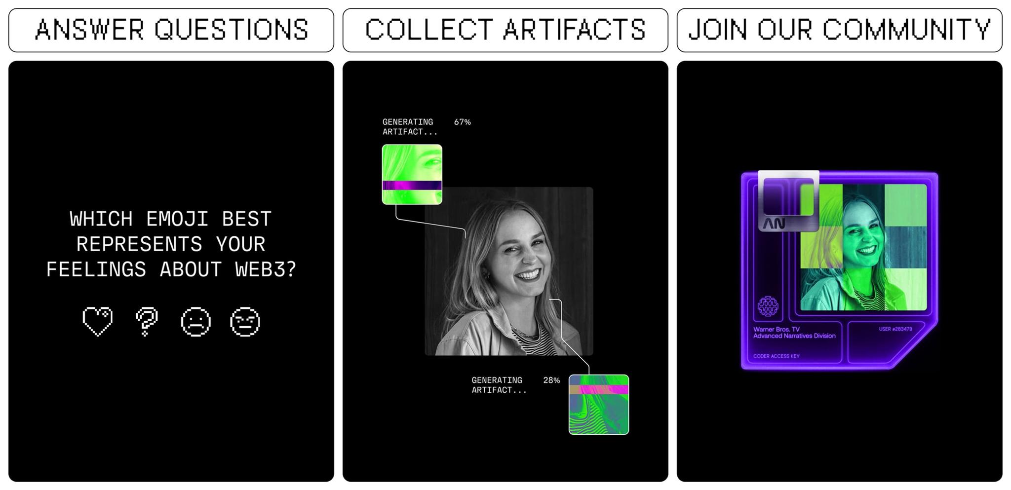 Three-column layout with questions, artifact generation, and a purple user access card.