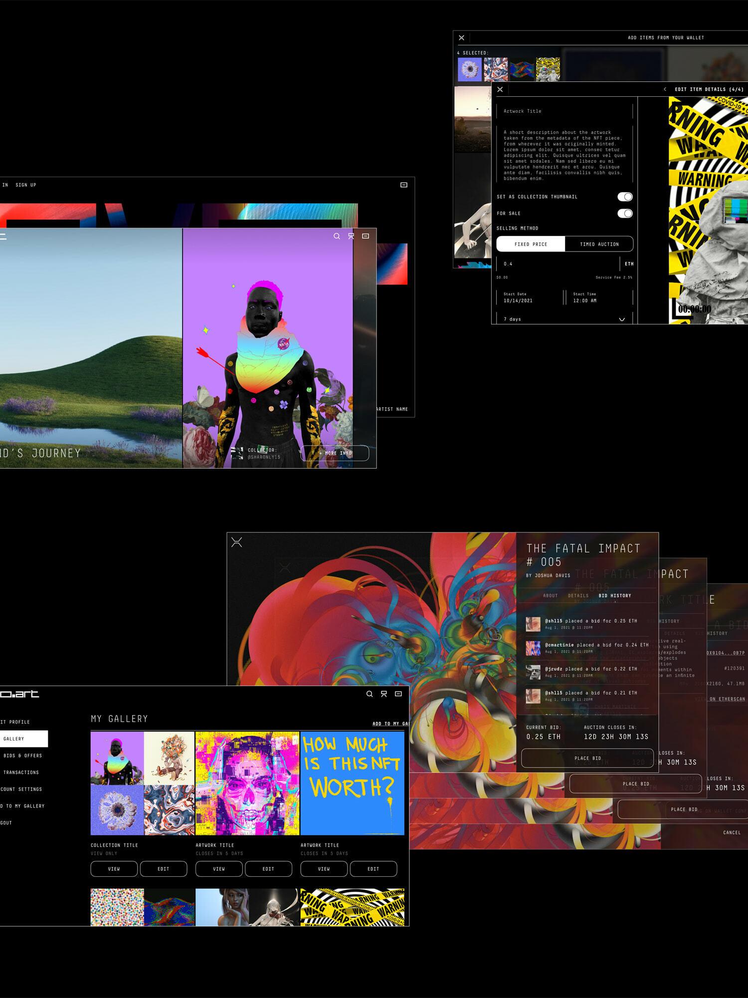 Overlapping EvoArt interface windows featuring digital art previews and sale panels