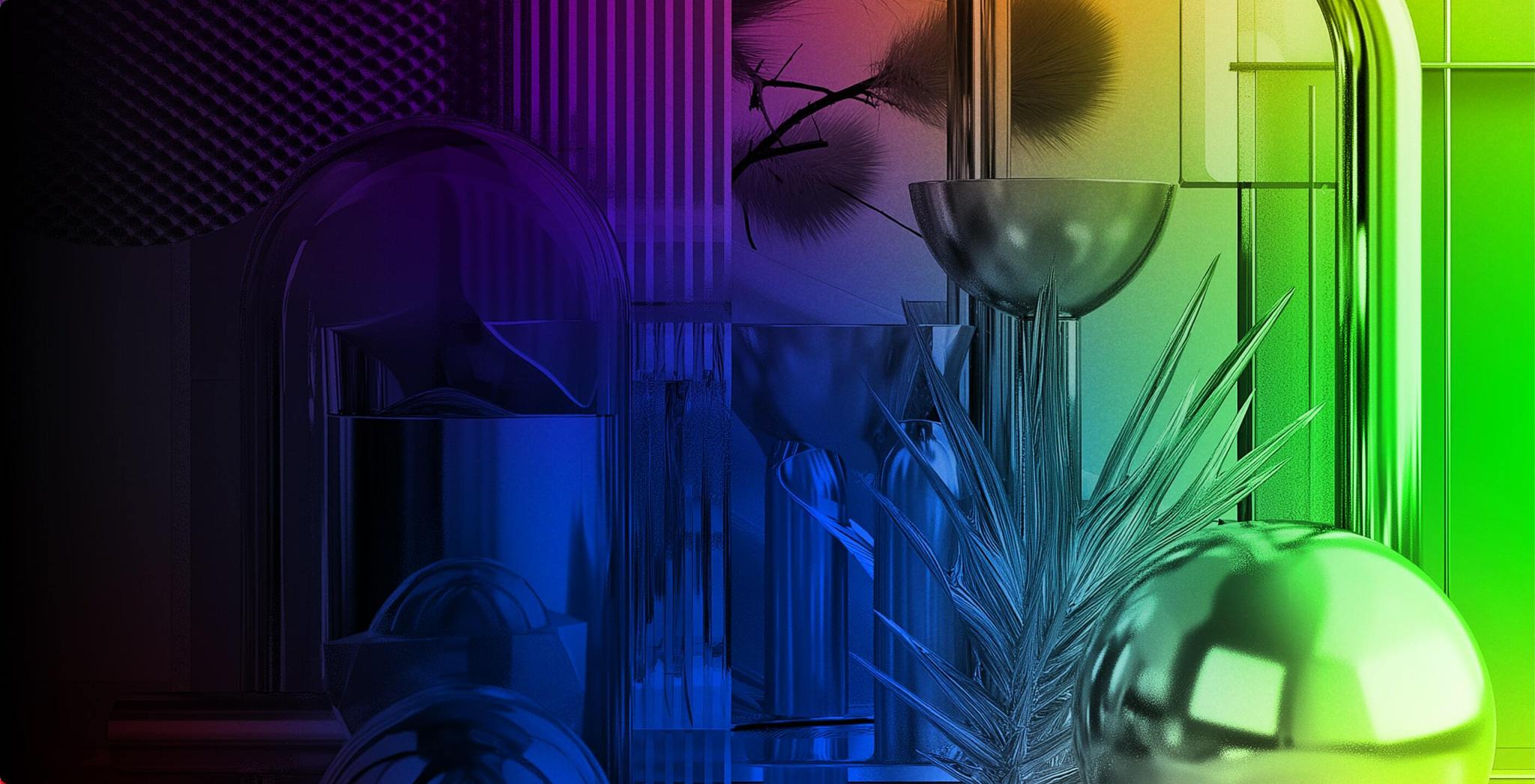 Abstract glass, metal, and plant forms under colored lighting