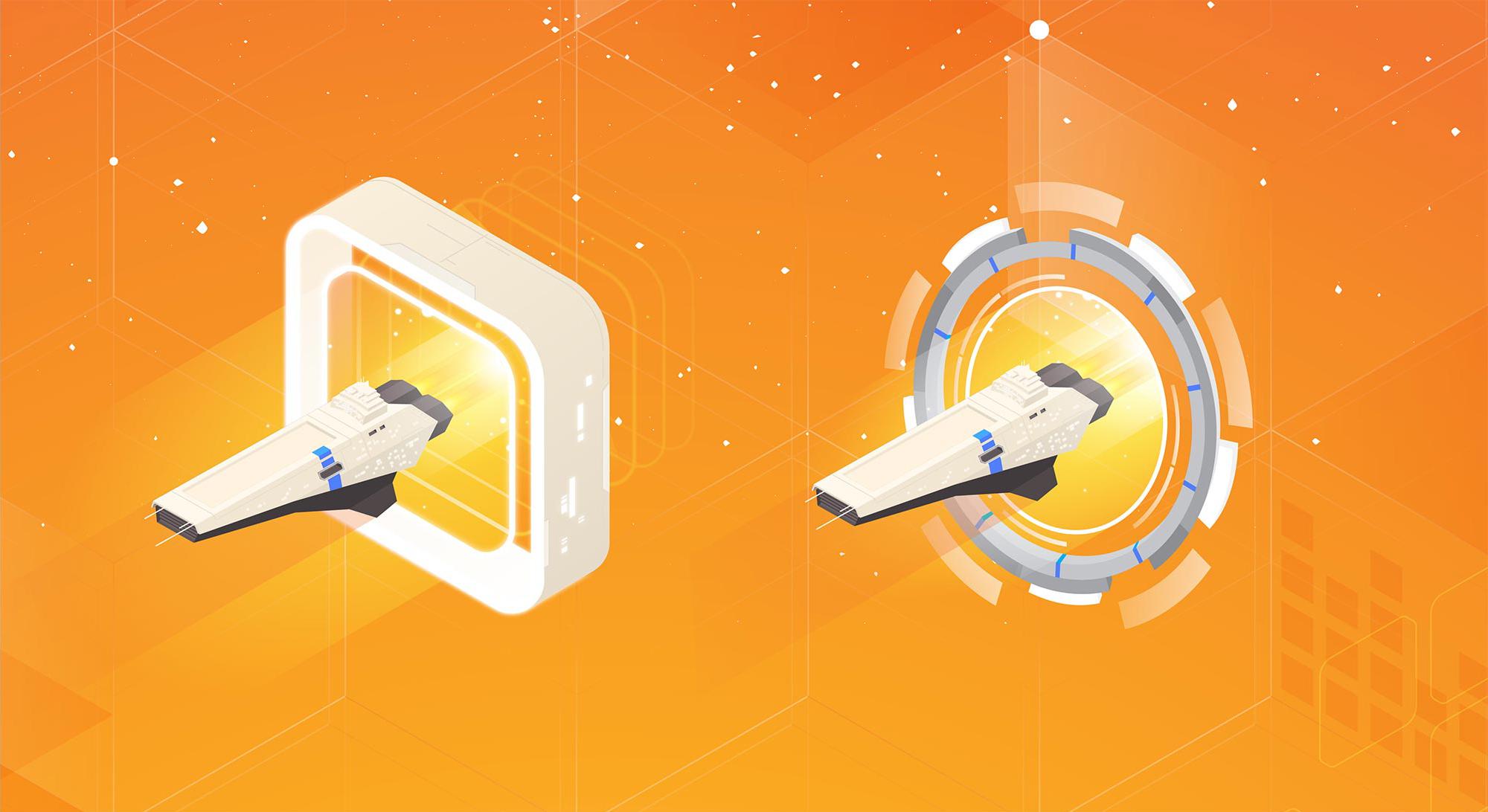 Two space shuttles flying through futuristic portals on an orange background