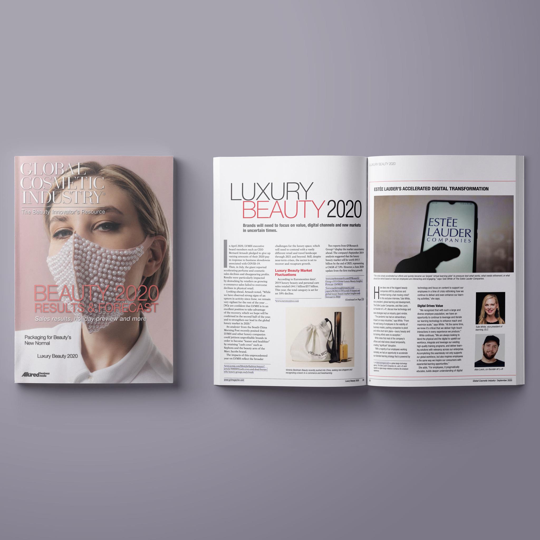 Global Cosmetic Industry magazine cover and an open Luxury Beauty 2020 spread