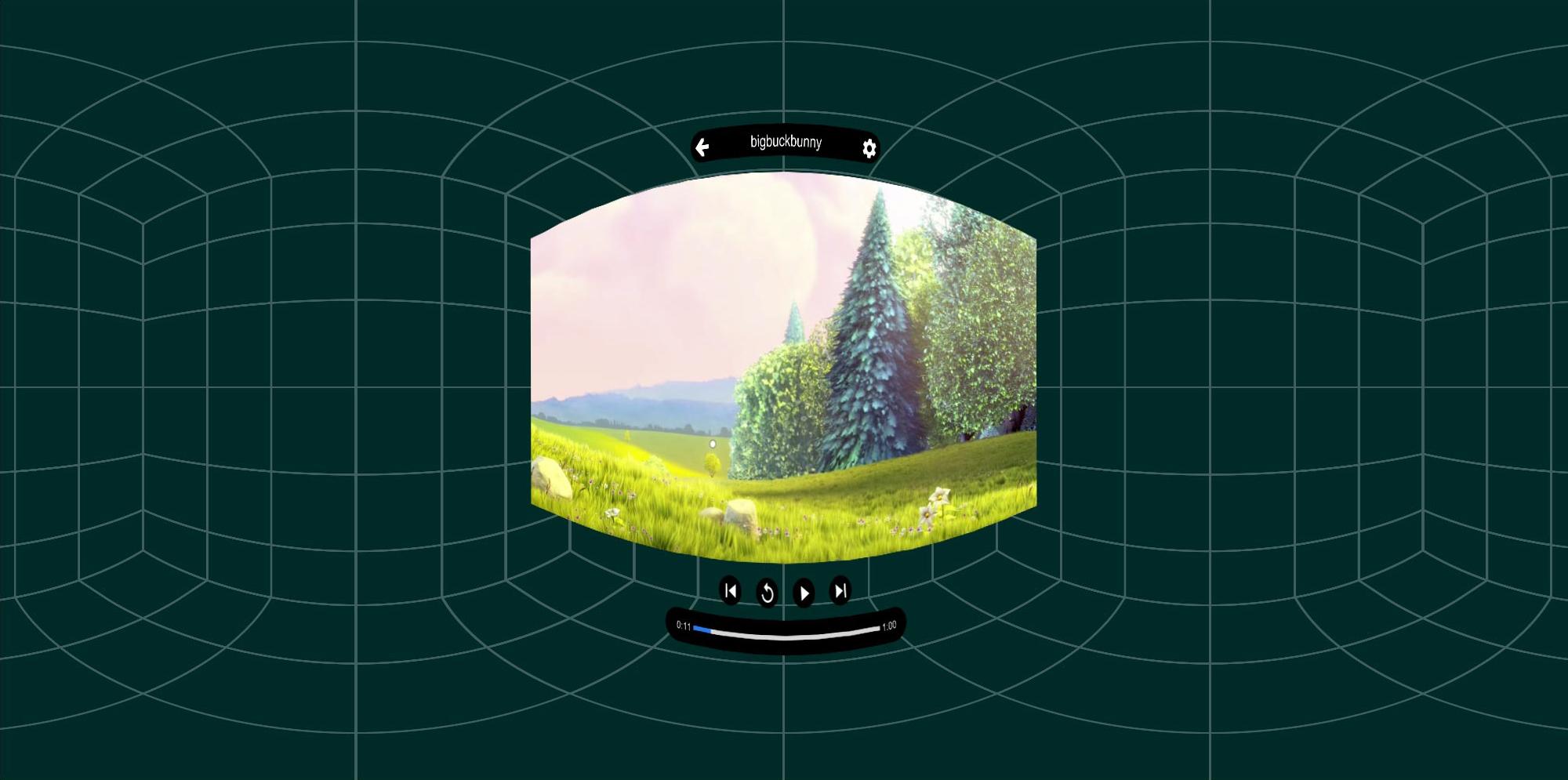 Curved video screen in a grid-lined virtual space showing a bright grassy landscape with trees
