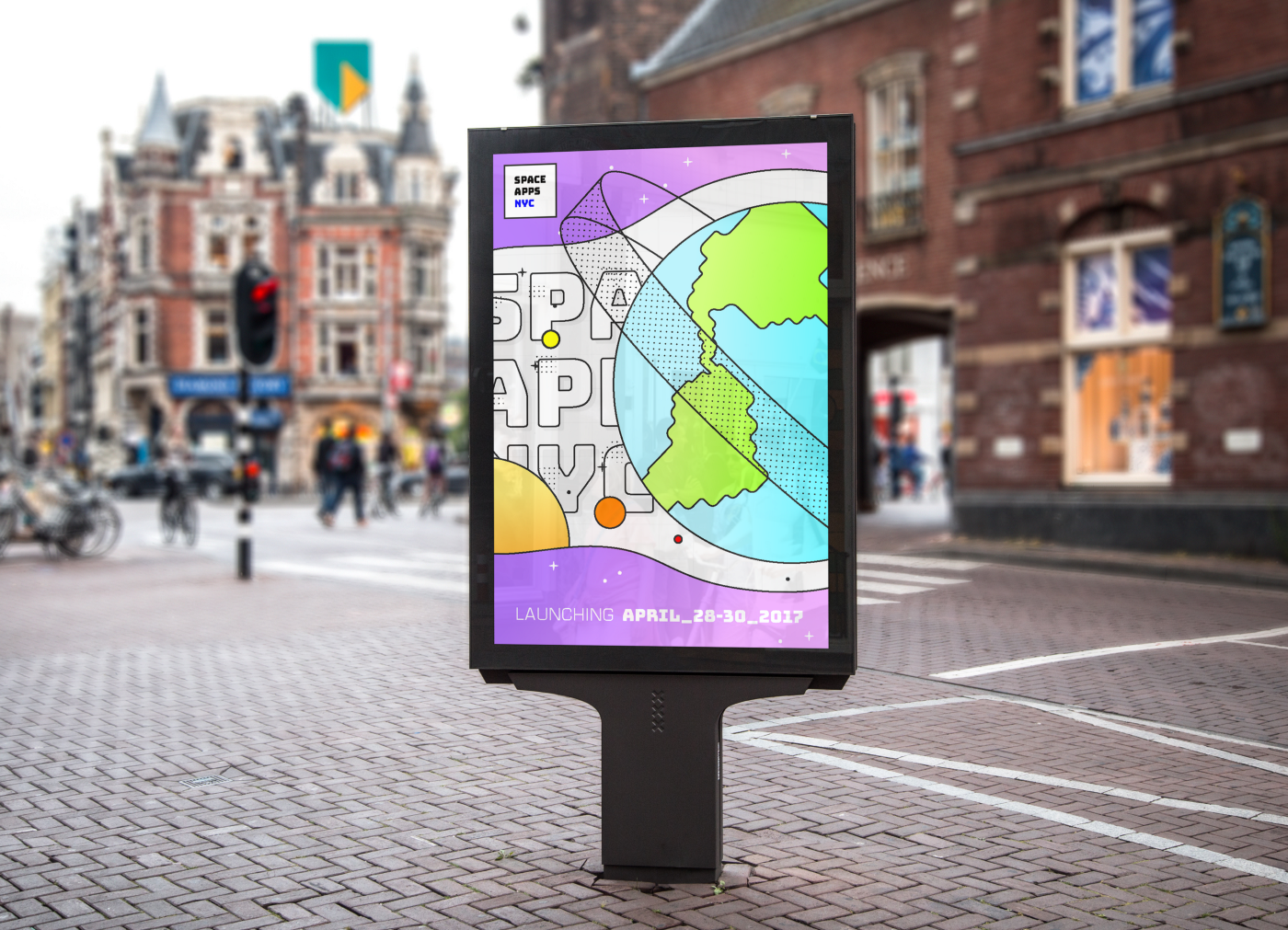 Space Apps NYC poster on a street kiosk announcing the April 28-30 2017 launch