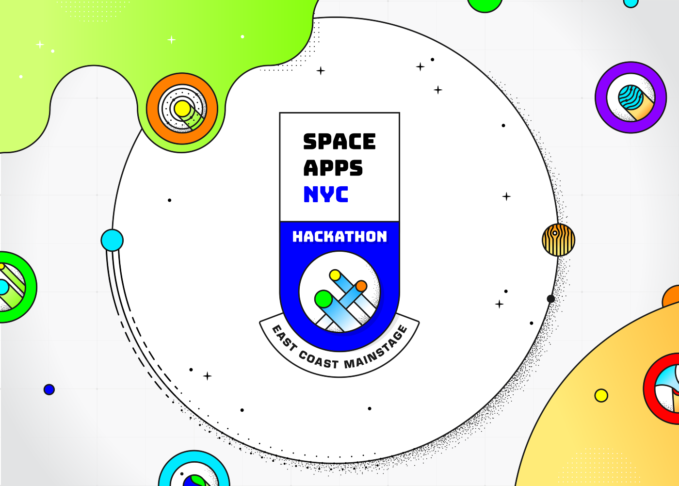 Space Apps NYC Hackathon East Coast Mainstage crest surrounded by illustrated planets