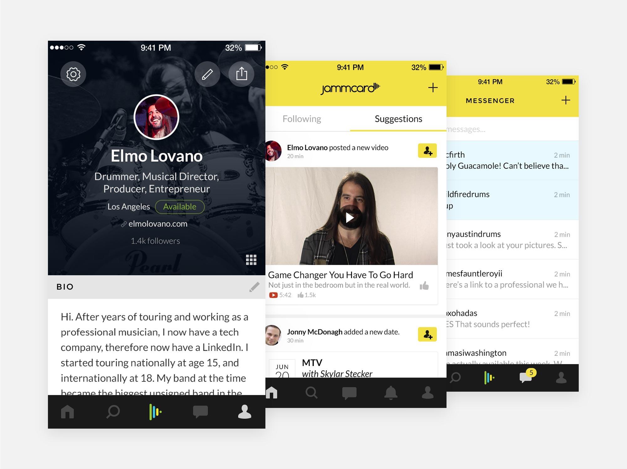 Jammcard app screens showing a musician profile, the suggestions feed and the messenger