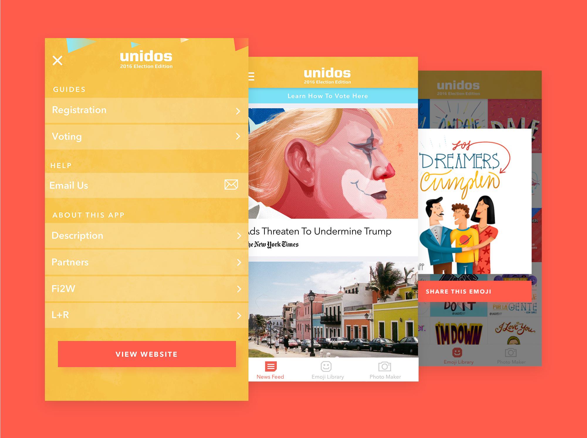 Unidos app screens: voting guides menu, election news feed and shareable emoji library