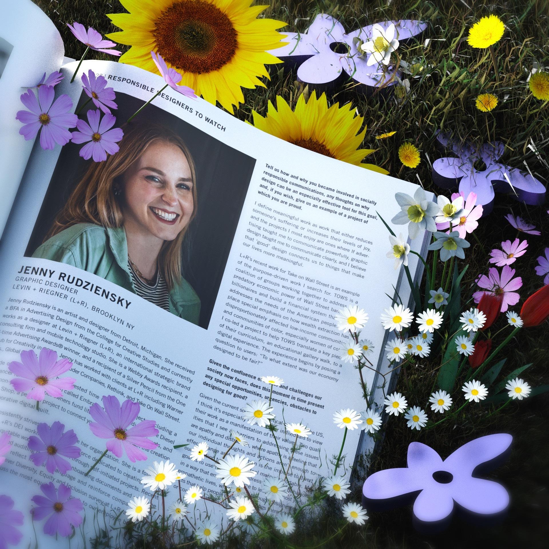 Magazine spread profiling Jenny Rudziensky under 'Responsible Designers to Watch', laid on grass.