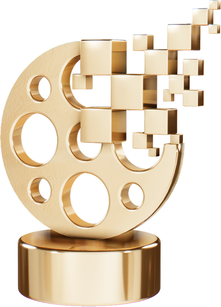 Gold film reel trophy dissolving into cubes