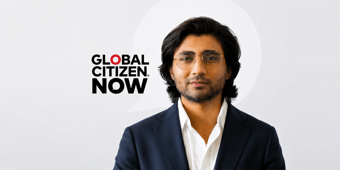 Global Citizen NOW graphic with a portrait of a man in a suit