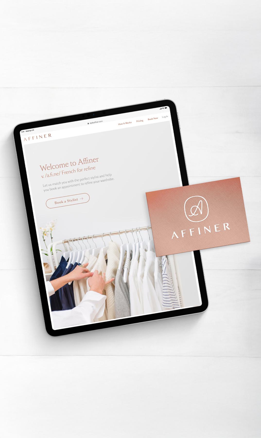 Affiner website on a tablet with matching branded card