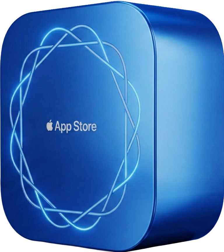 Blue Apple App Store award cube with glowing line pattern