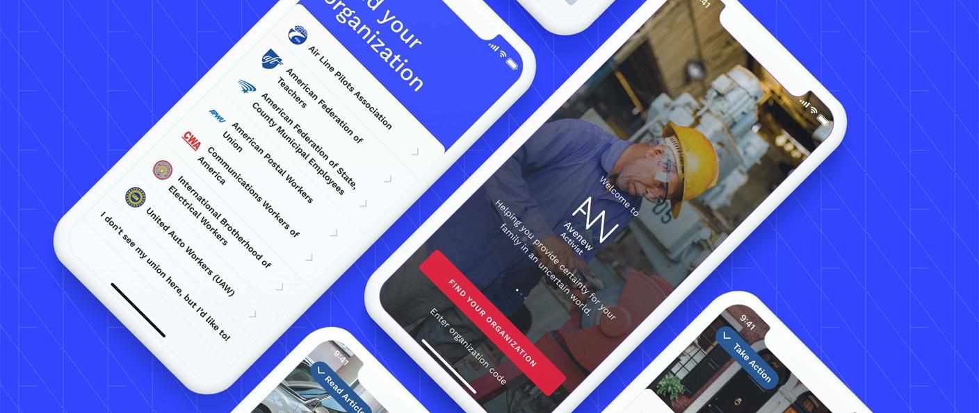 AveNew Activist app screens showing union selection and the welcome page