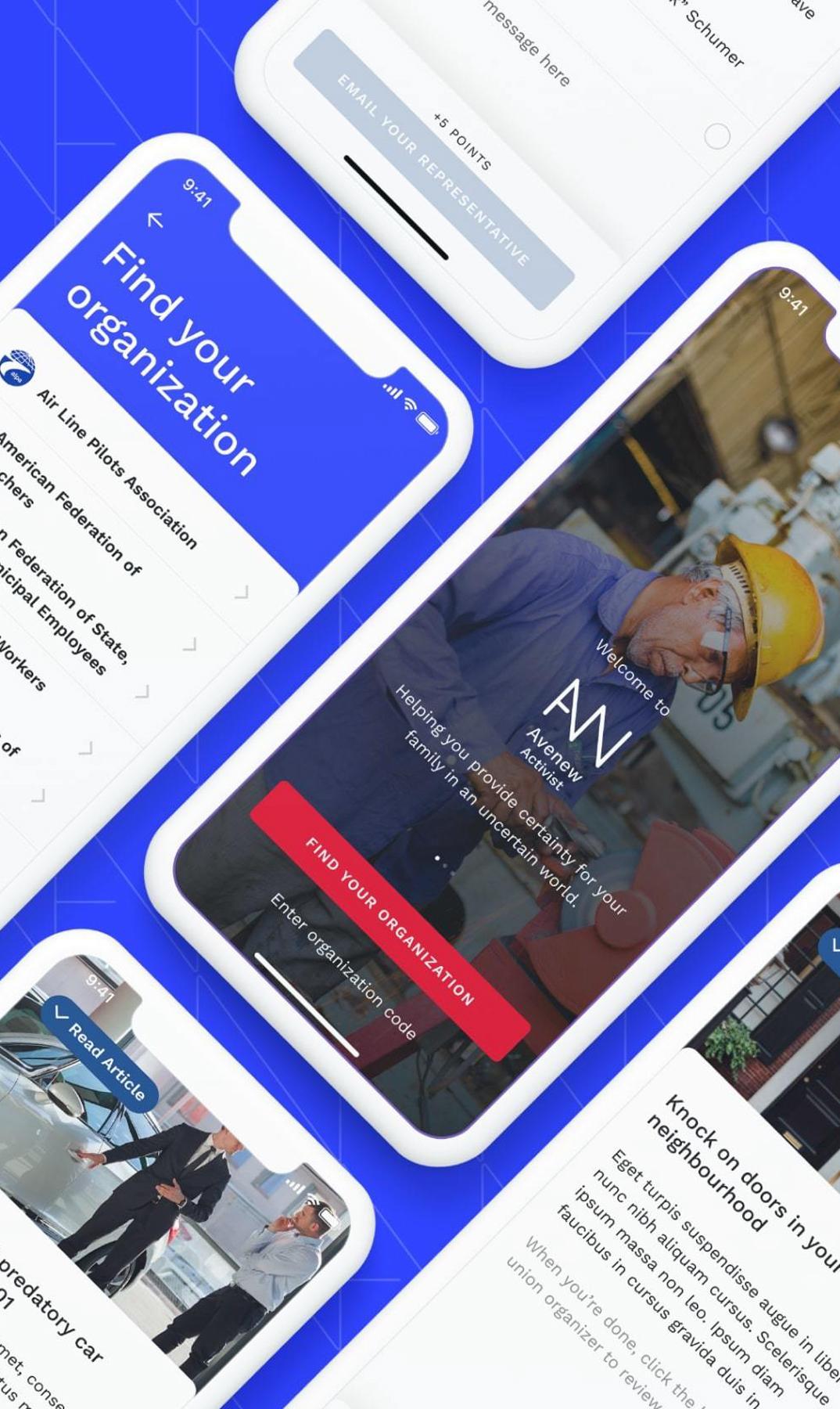 Angled smartphone mockups showing organization search, action, and article screens