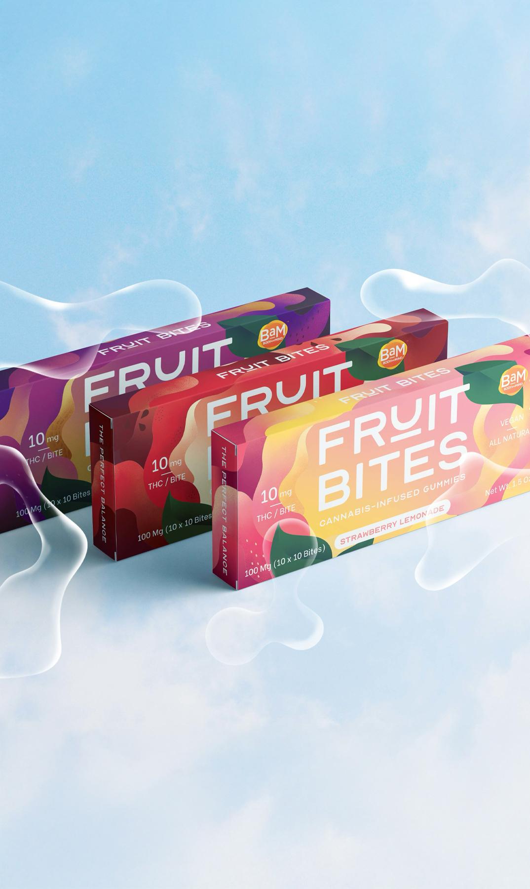 Colorful "Fruit Bites" cannabis-infused gummy boxes floating against a sky background