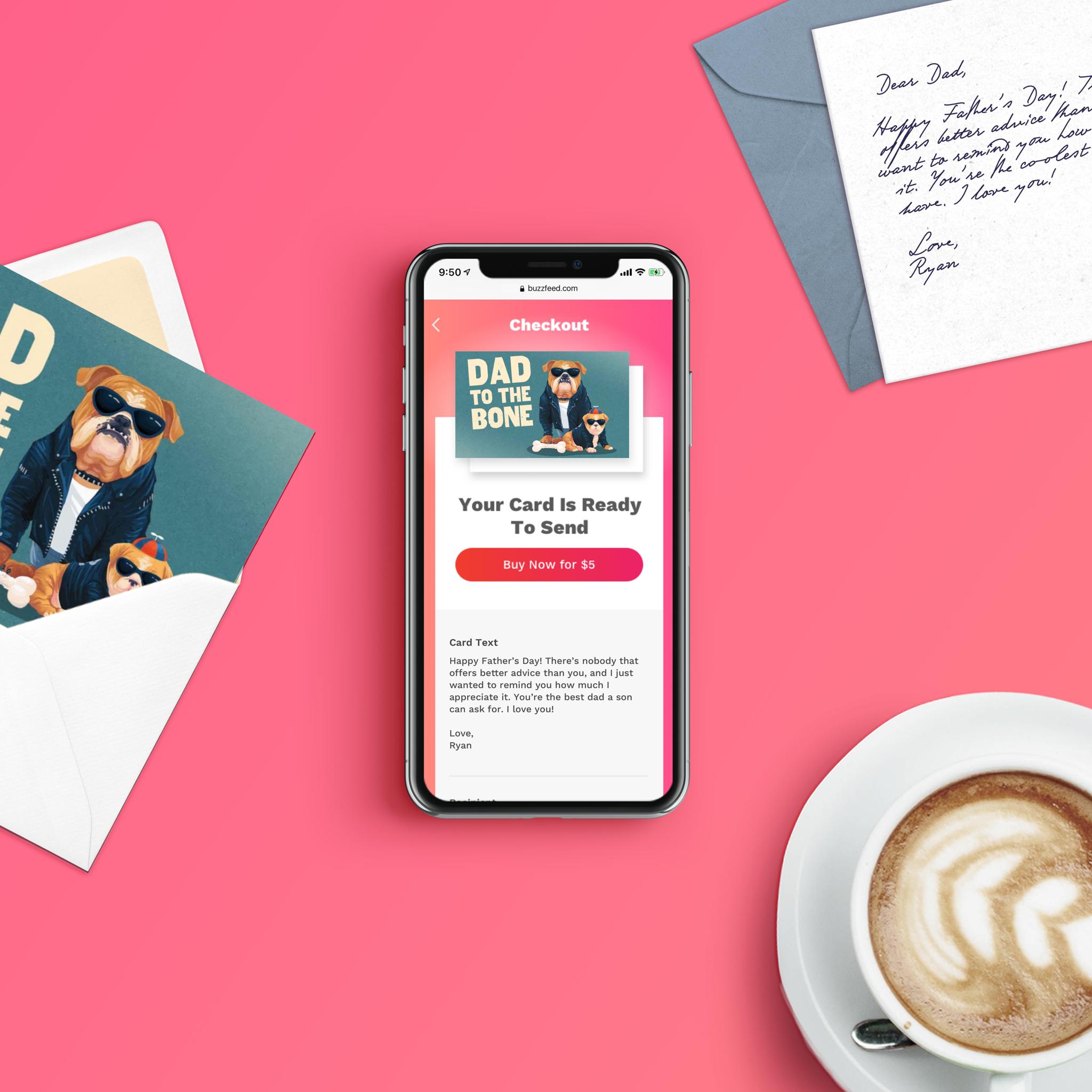 Phone on buzzfeed.com checking out a Dad to the Bone card, beside the printed card and handwritten note