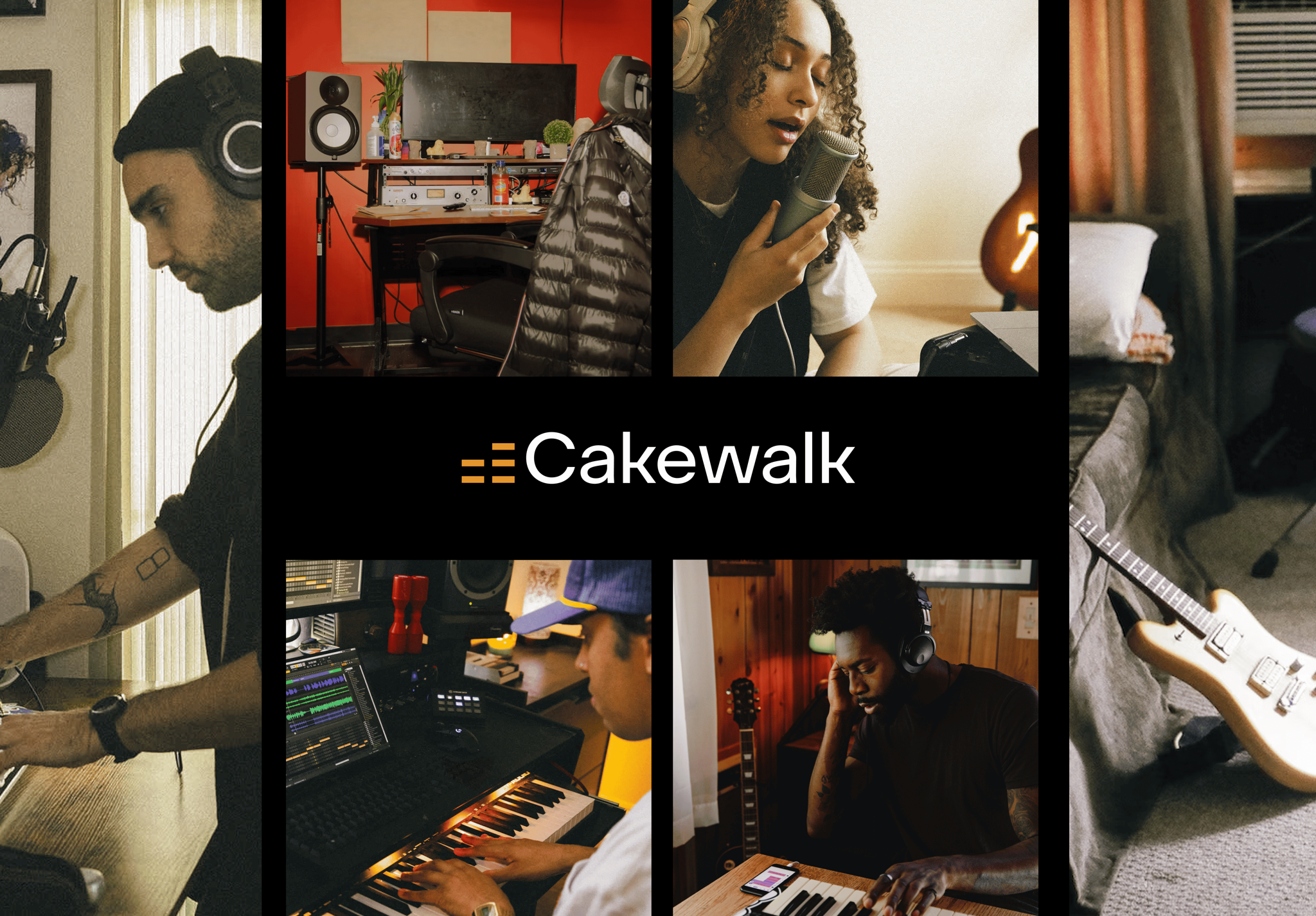 Cakewalk collage showing musicians recording and producing music in home studios