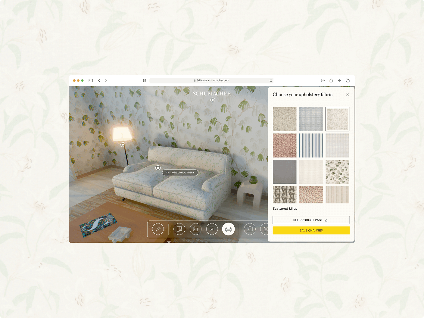 Schumacher House upholstery fabric picker open over a virtual living room with a patterned sofa