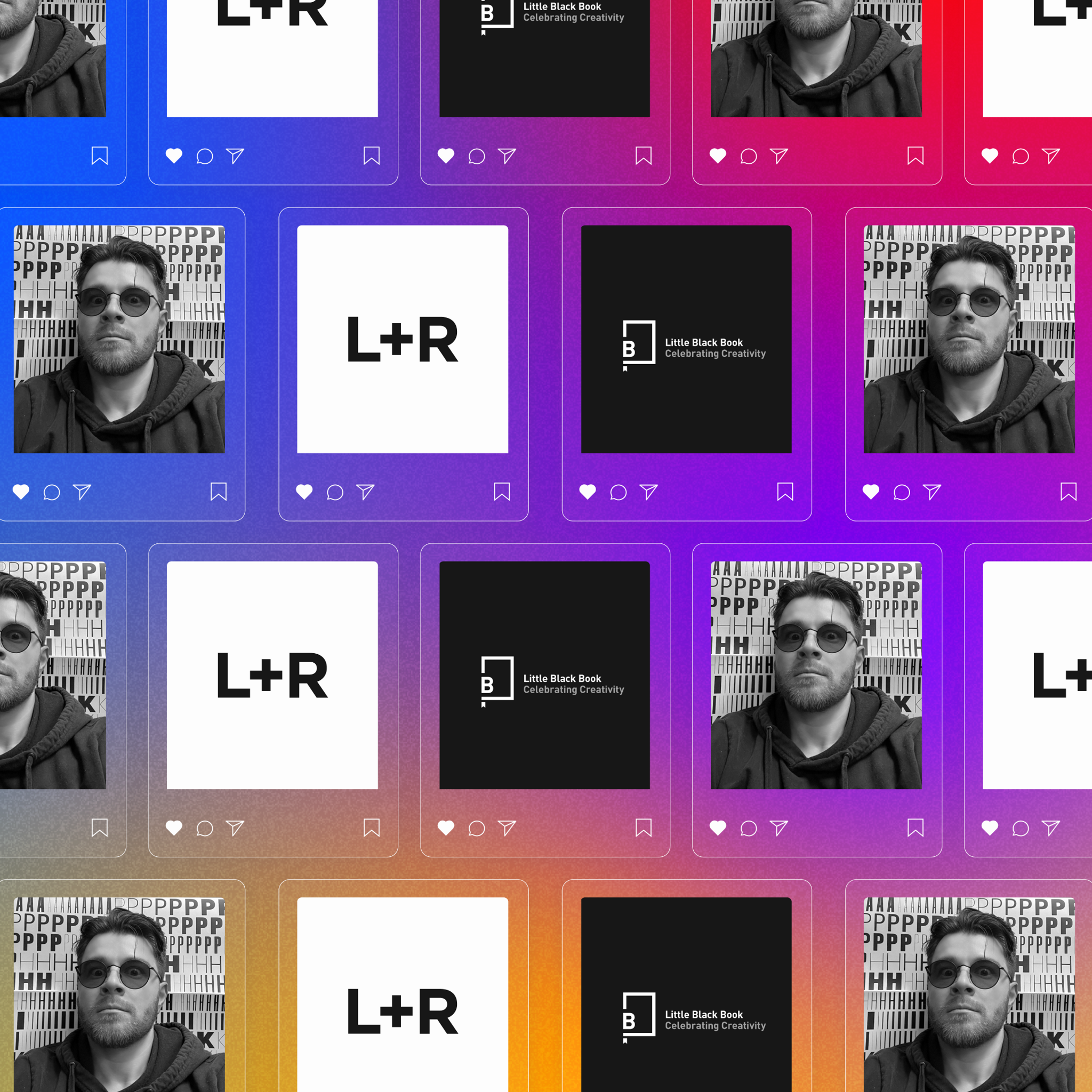Grid of mock social posts alternating the L+R and Little Black Book logos with a portrait of Chris Martinié