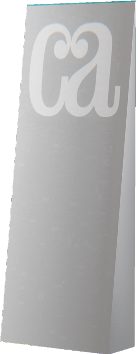 Tall translucent gray prism with a stylized white CA logo near the top