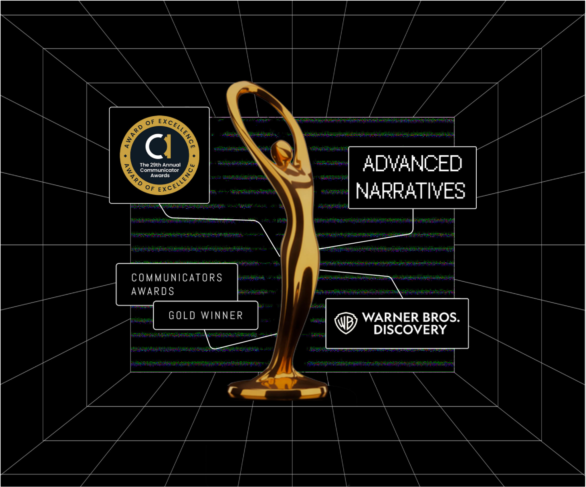 Communicator Awards Gold Winner graphic for Advanced Narratives and Warner Bros. Discovery.
