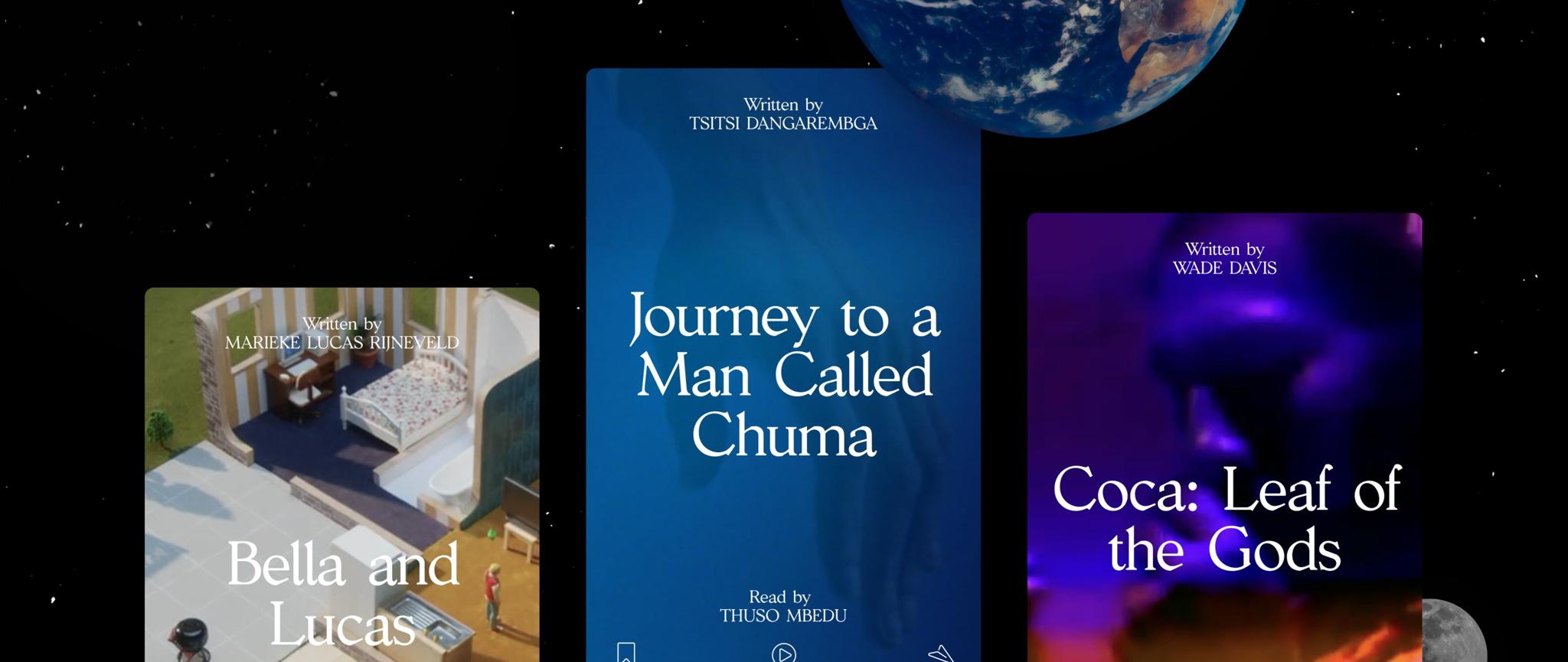Three Alexander story cards floating in space with Earth behind them