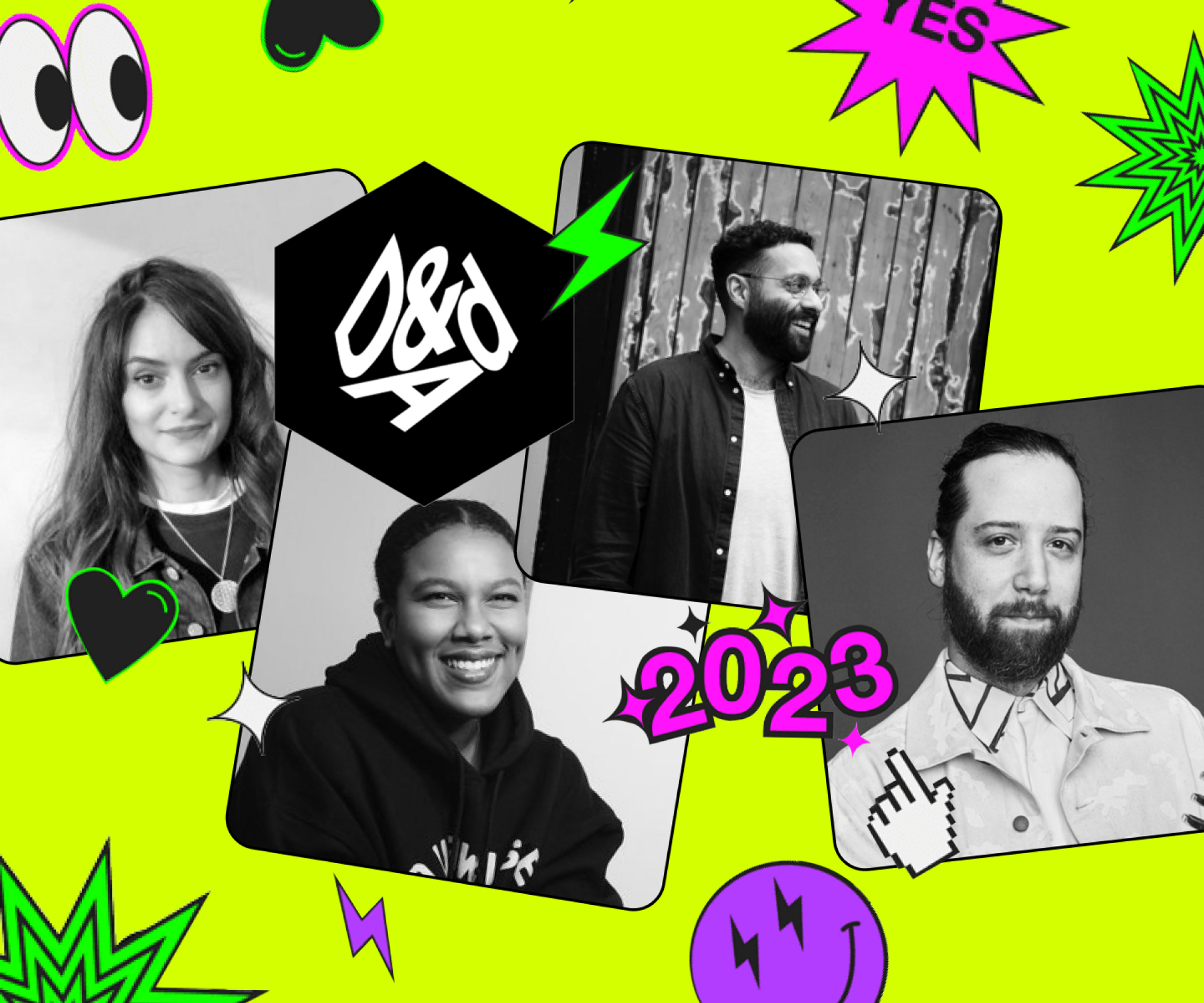 D&AD 2023 collage with four portraits on a neon graphic background.