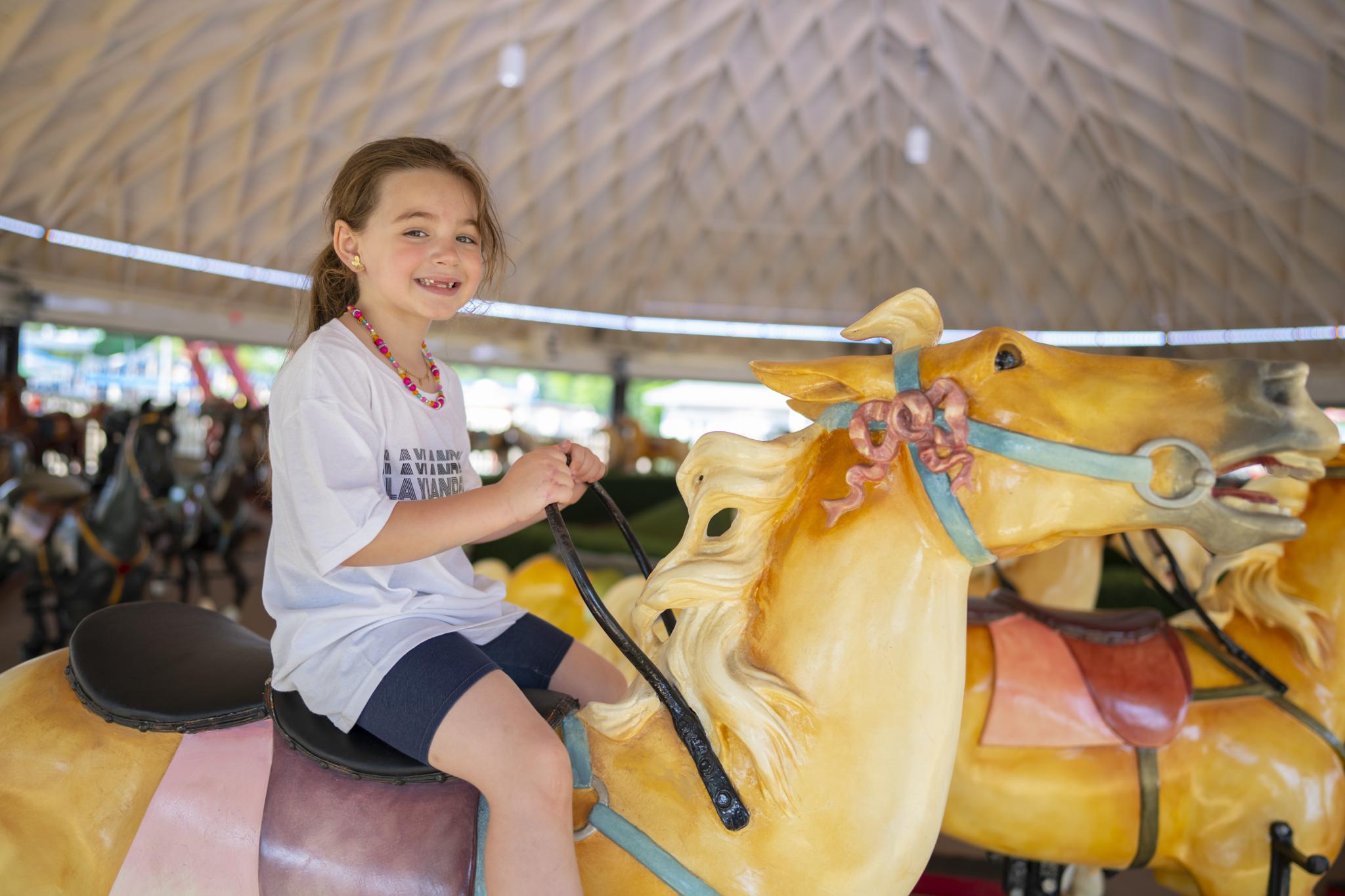 Girl smiling as she rides a carousel horse under a domed pavilion