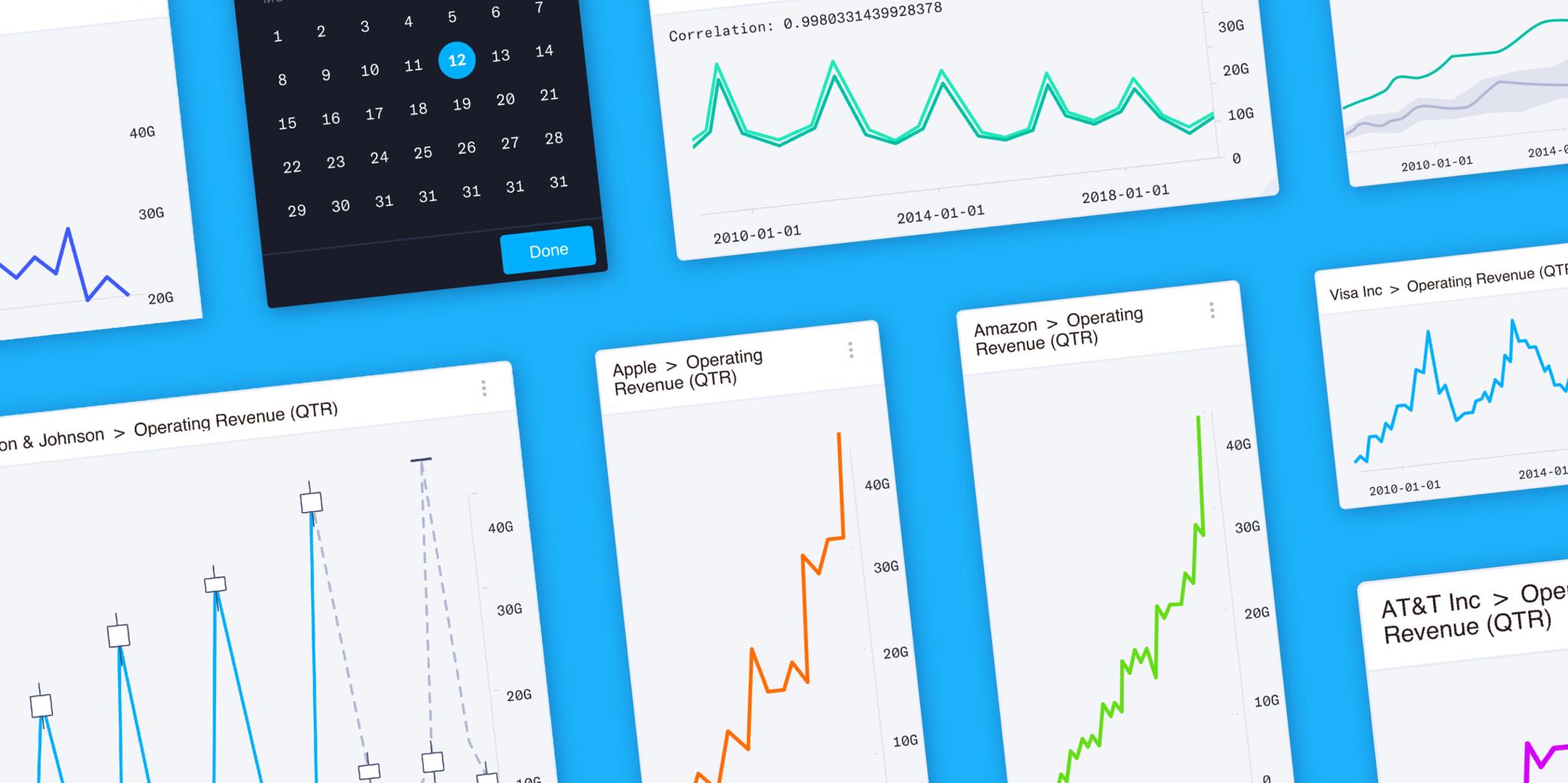 Datavore chart cards showing company revenue trends and a date picker