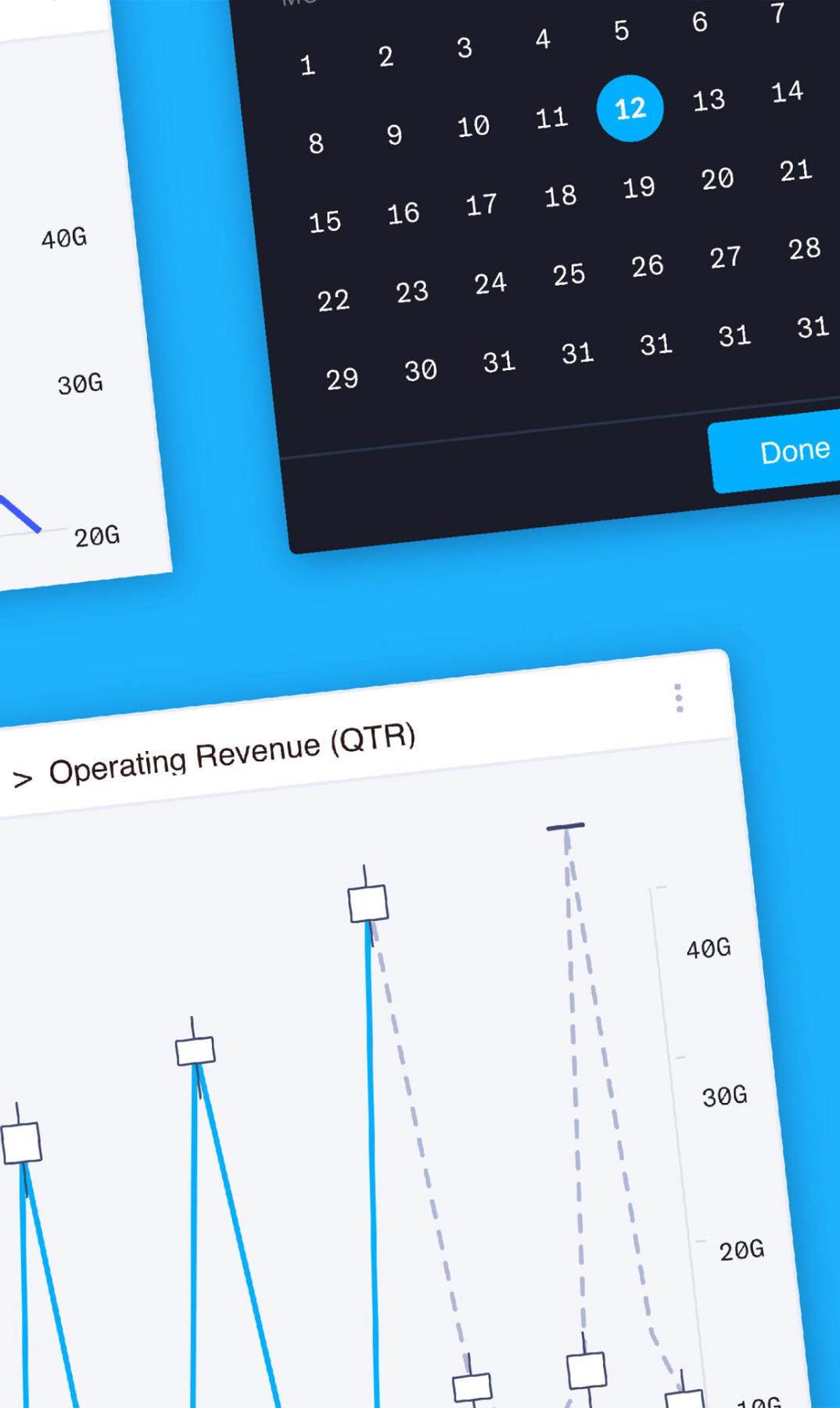 Dashboard cards showing quarterly operating revenue line charts for major companies