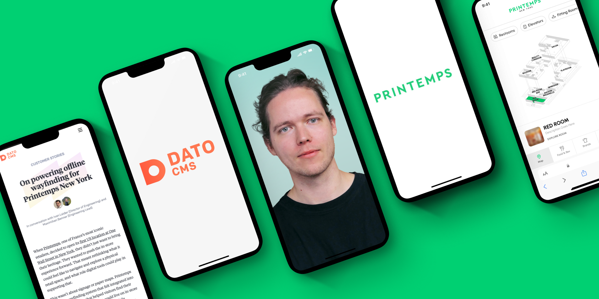 Smartphones showing Dato CMS, a portrait, and Printeps screens
