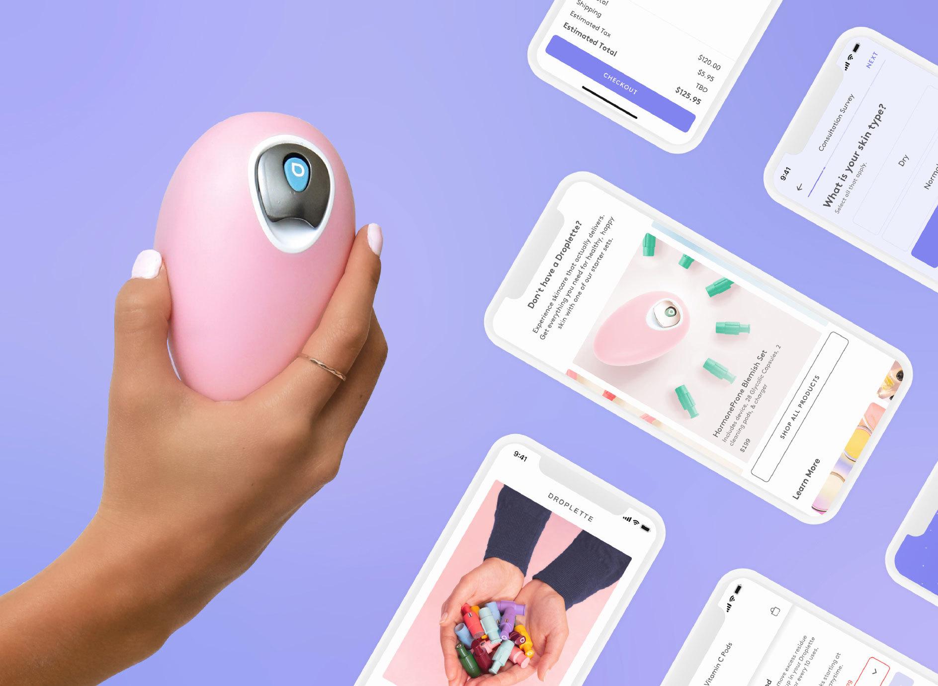 Hand holding a pink beauty device amid floating skincare app screens