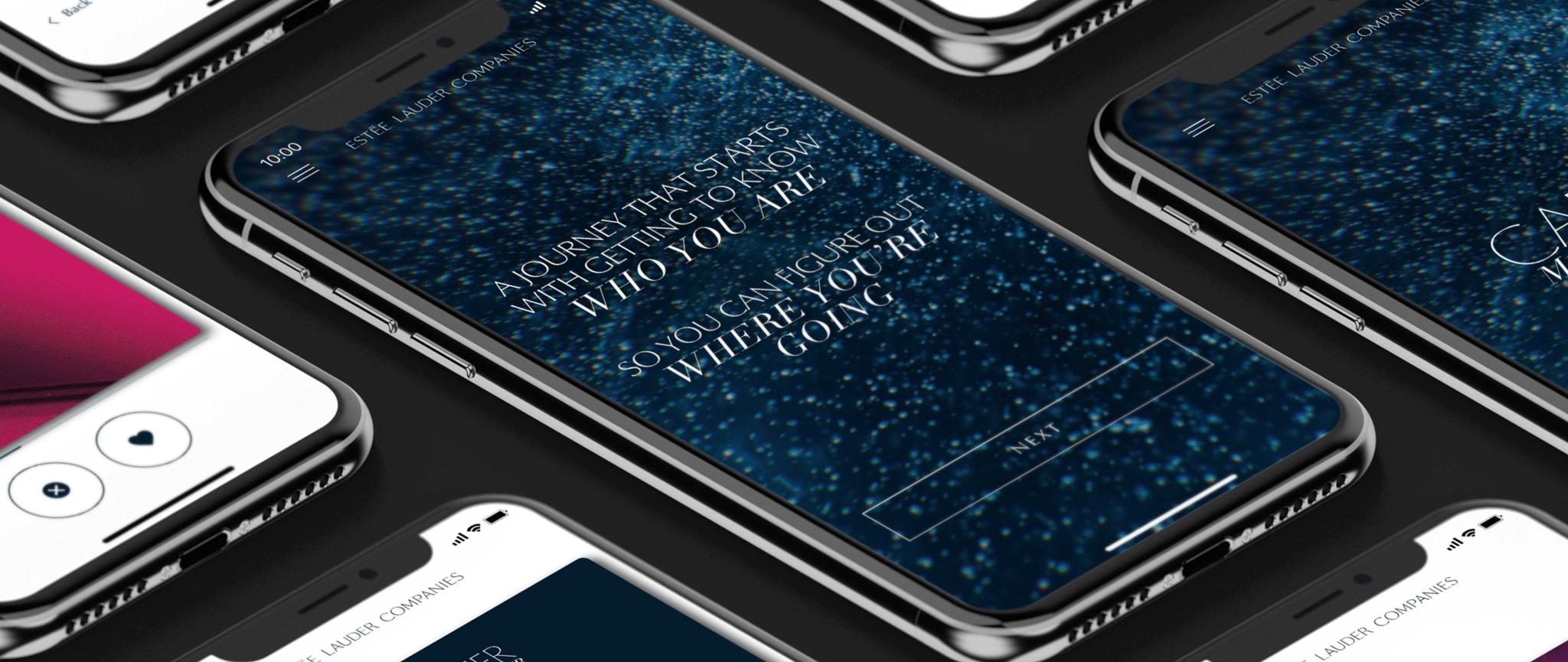 Angled phones showing Estée Lauder Companies career app onboarding screens