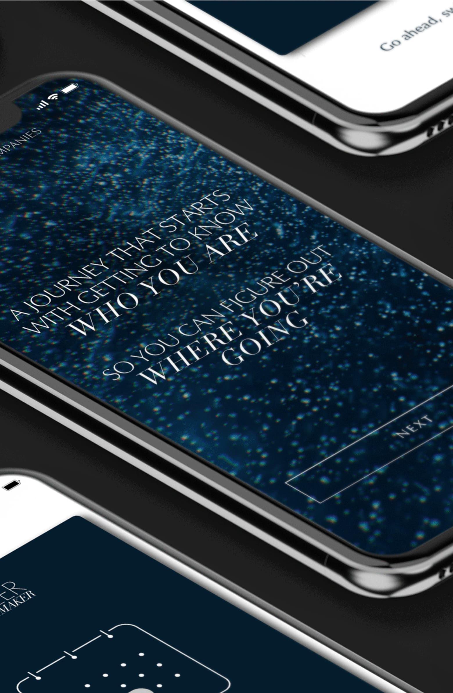 Angled phones showing Estée Lauder Companies career app onboarding screens