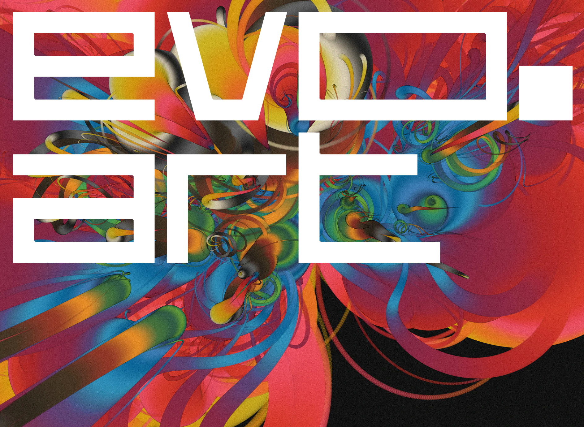 Colorful abstract artwork with large white geometric lettering