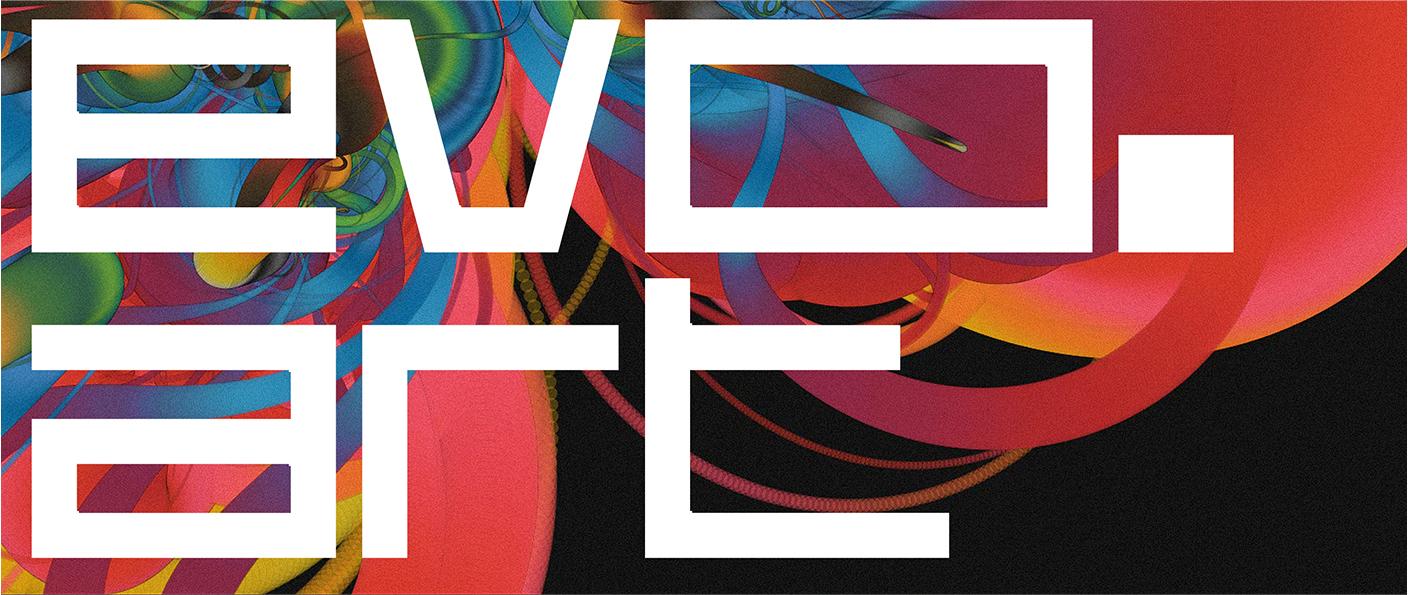 evo.art wordmark over swirling multicoloured digital artwork