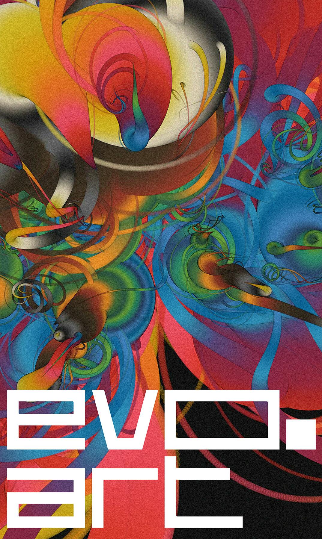 evo.art wordmark over swirling multicoloured digital artwork