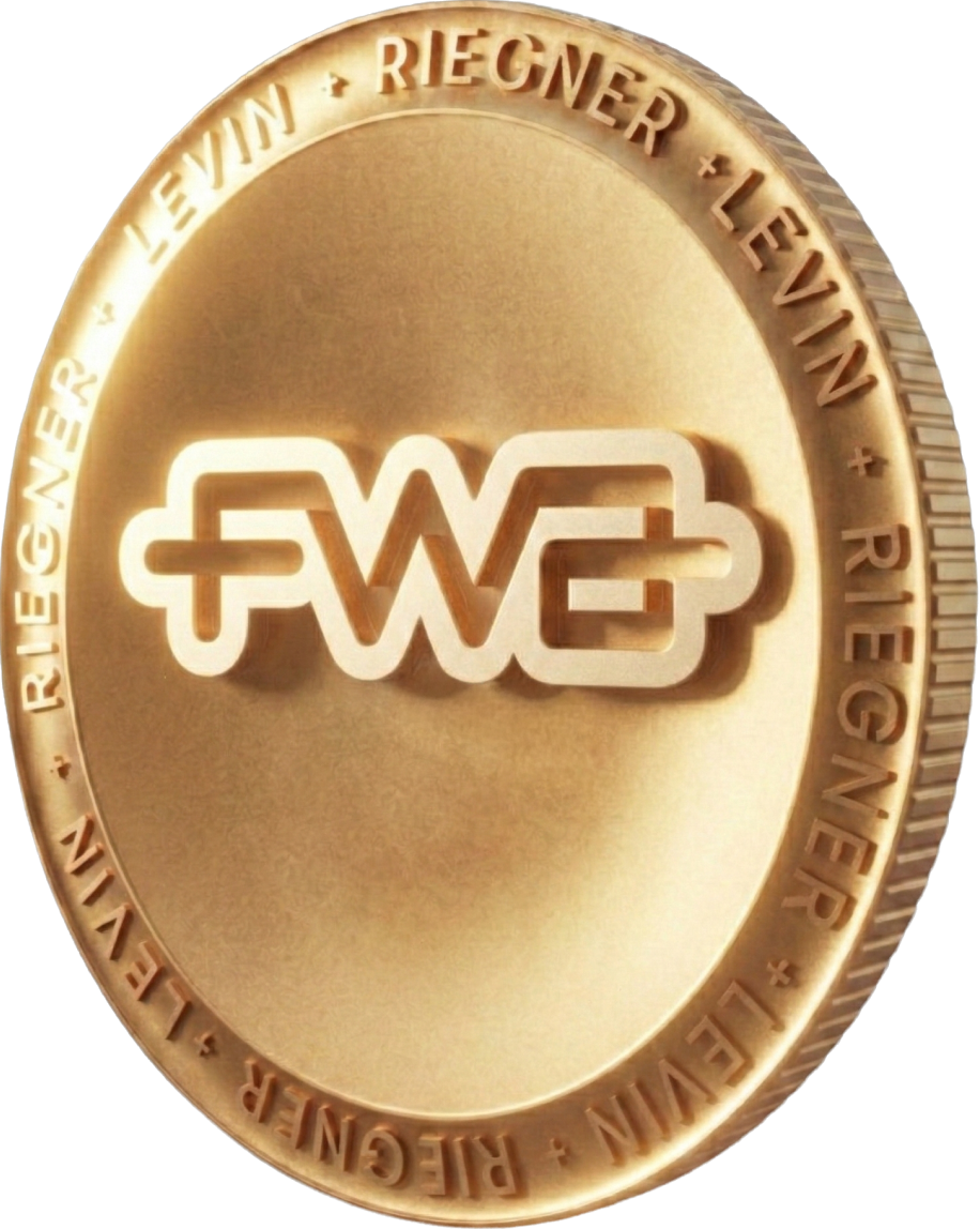 Gold coin trophy with FWA logo and Riegner Levin text