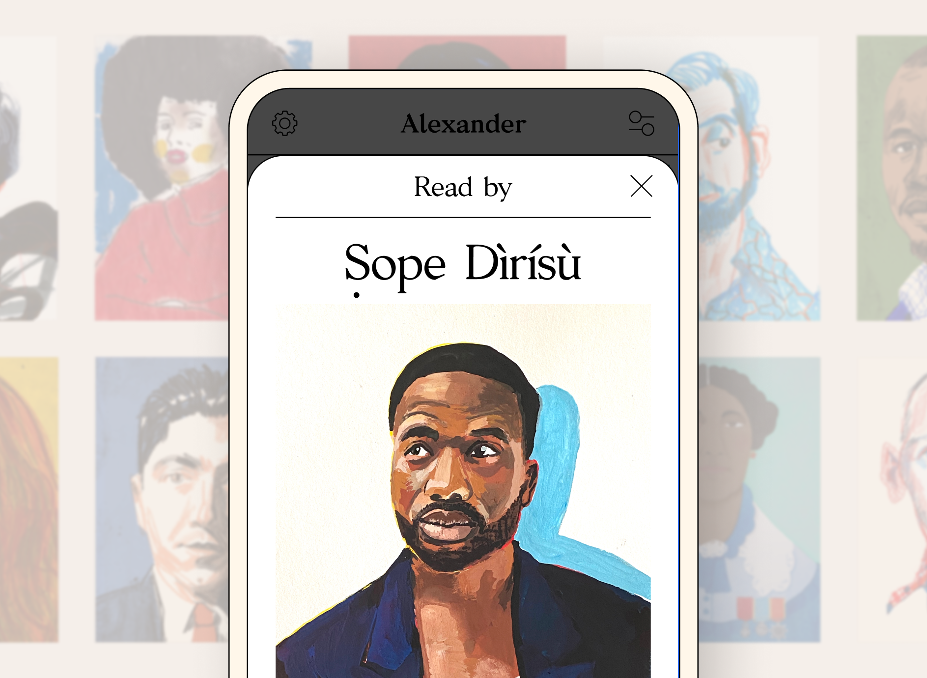 Alexander app read-by card for actor Sope Dìrísù with an illustrated portrait