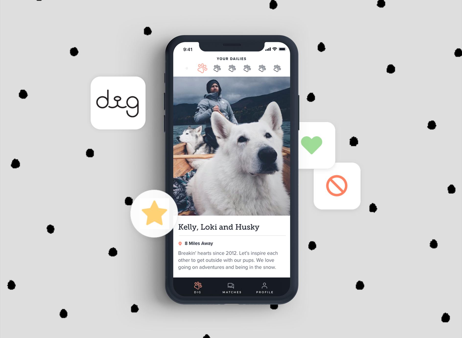 Dig app dog profile for Kelly, Loki and Husky with like and block icons