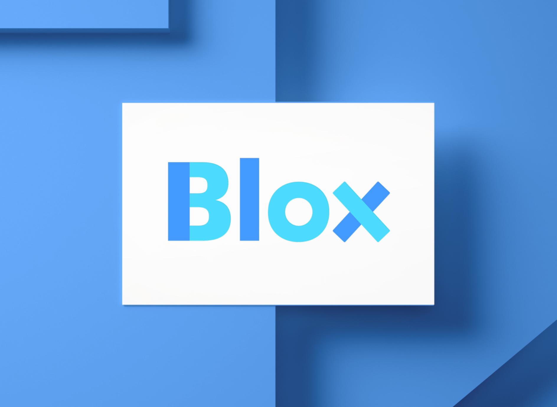 Blox wordmark on a white card over layered blue geometric shapes