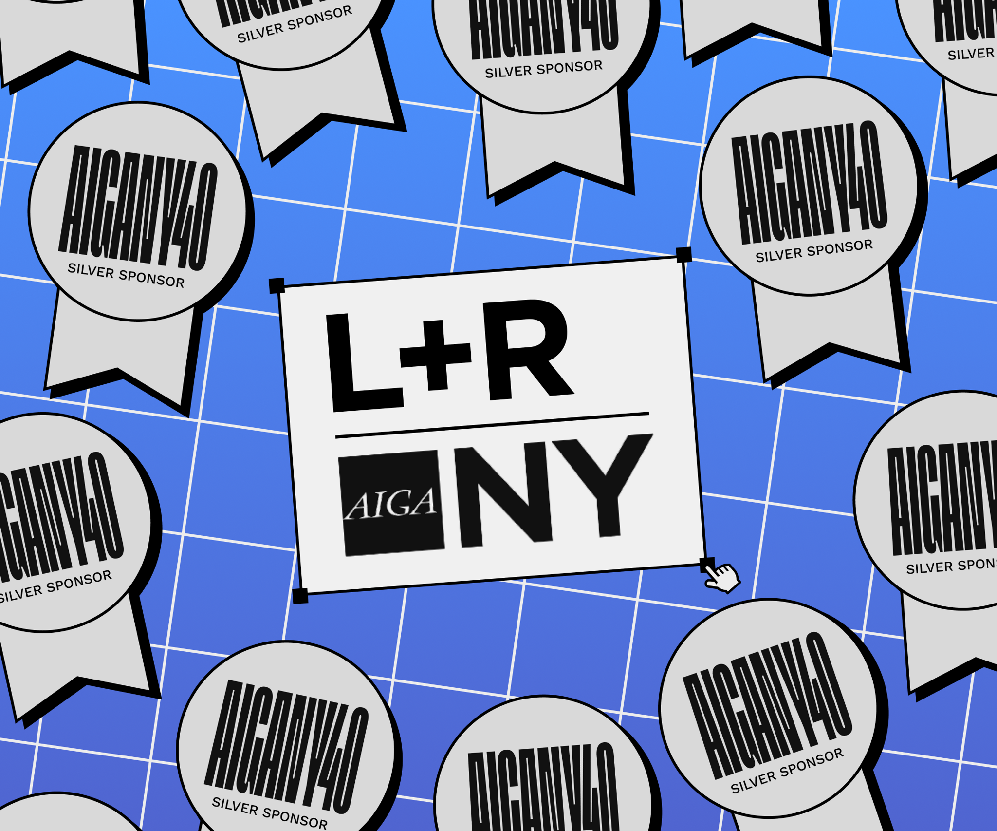 AIGANY40 silver sponsor badges surrounding an L+R and AIGA NY logo card