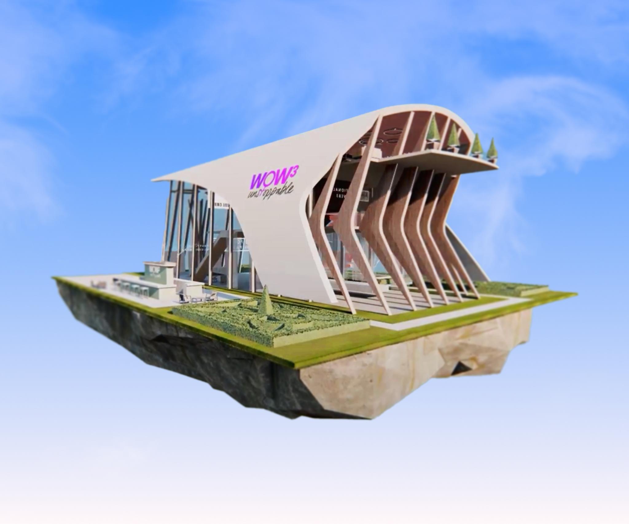 Floating architectural model with WOW logo under blue sky