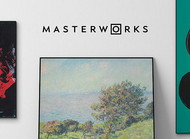 Masterworks wordmark above a framed Impressionist landscape between two abstract works