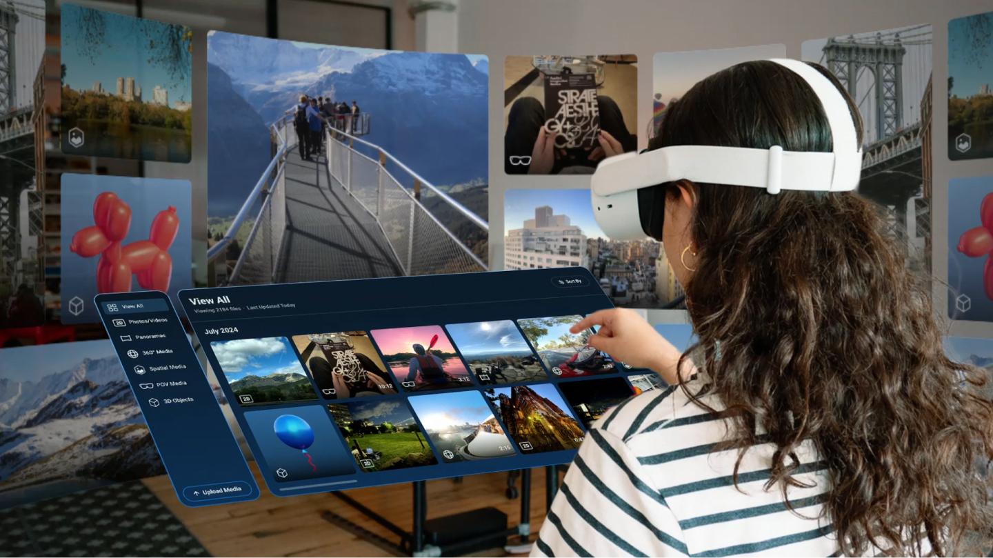 Person in a VR headset browsing a photo library in Media View, surrounded by floating images
