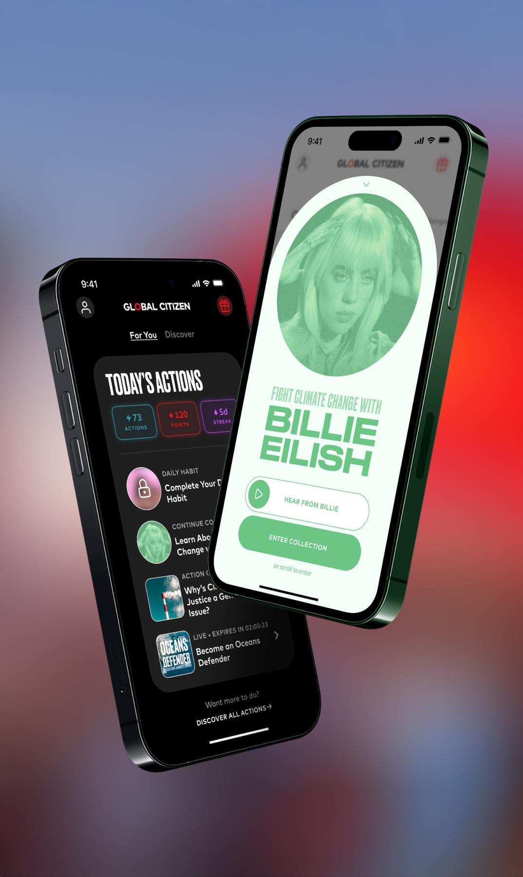 Two phones showing Global Citizen app screens featuring Billie Eilish