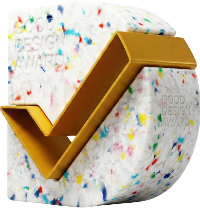 Good Design Award trophy with gold check on speckled block