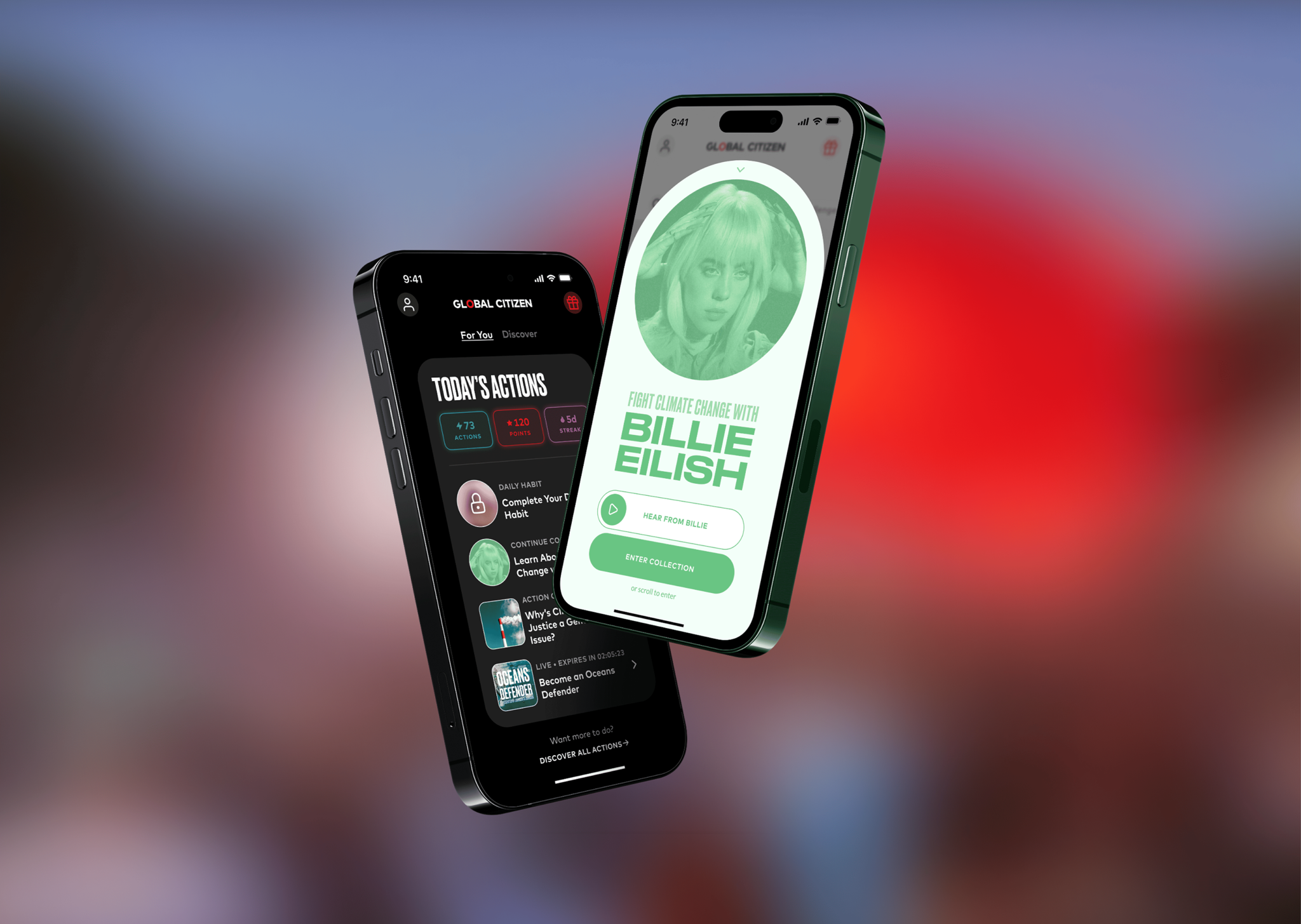 Two smartphones showing a bill-splitting app interface with a Billie Eilish-themed screen