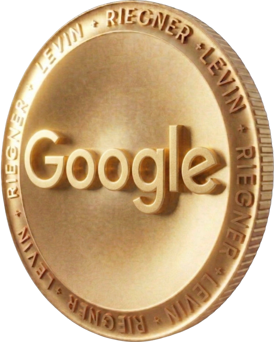 Gold coin trophy with Google logo and Riegner Levin text