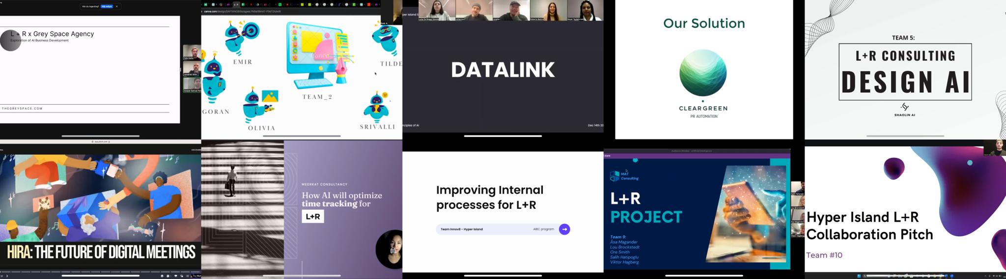 Grid of Hyper Island x L+R workshop slides on AI consulting, digital meetings and internal process